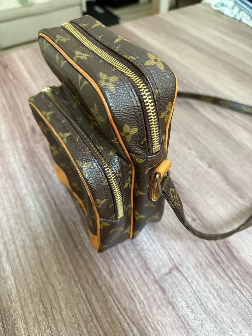 Louis Vuitton Brown Monogram Canvas Crossbody Bag with Tan Trim and Beige Strap